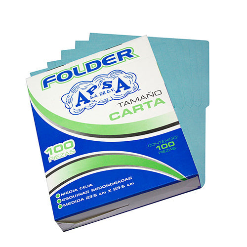 Folder De Cartulina Apsa Azul Media Ceja Tamaño Carta Bolsa Con 100 Unidades