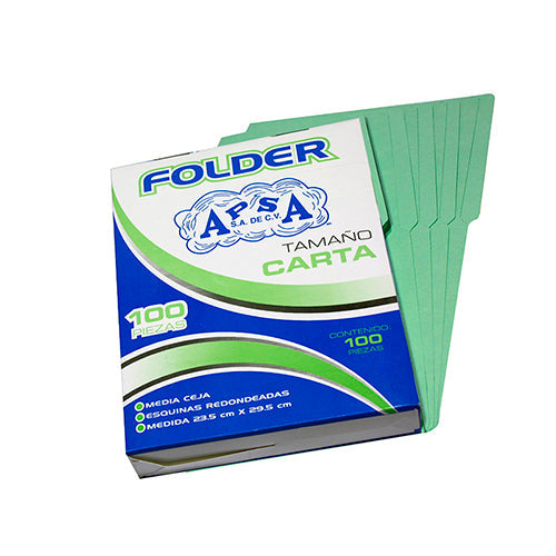Folder De Cartulina Tamaño Carta Apsa Verde Bolsa Con 100 Unidades