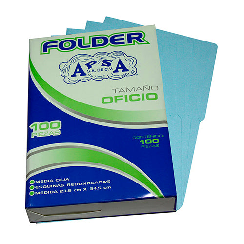 Folders Cartulina Oficio Apsa Media Ceja Azul Bolsa Con 100 Unidades