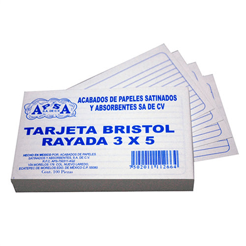 Tarjeta Bristol Rayada Apsa 3X5 Paquete Con 100 Piezas