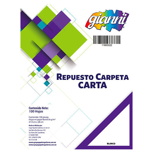 Repuesto Carpeta Gianni Carta 100 Hojas Blanco 3 Perforaciones 1 Pieza