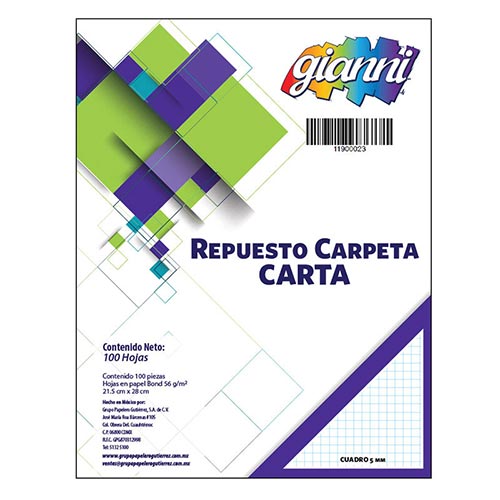 Repuesto Hojas Para Carpeta Gianni Carta Cuadro Chico 100 Hojas 3 Perforaciones