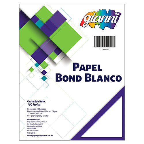 Papel Bond Gianni Blanco 75 G Tamaño Carta Paquete 100 Hojas