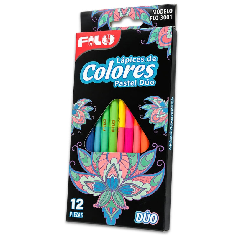 COLORES  FILO TONOS PASTEL DUO C/12  MOD.FLO-3001 CAJA DE CARTON MINA 4 MM