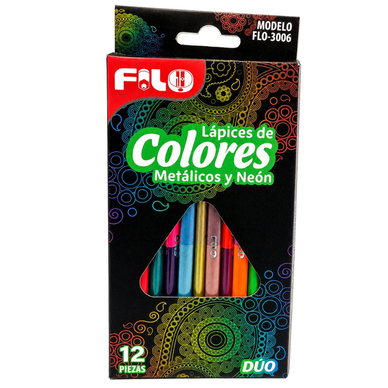COLORES  FILO TONOS METALICOS/NEON DUO C/12 FLO-3006 CAJA DE CARTON MINA 4MM