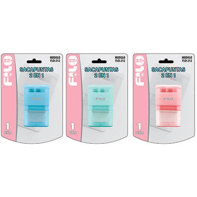 SACAPUNTAS DUAL C/DEPOSITO Y GOMA BLISTER MOD.FLO-212