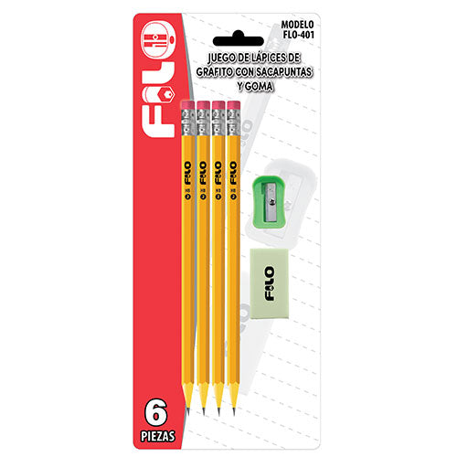SET 4 LAPICES D/GRAFITO + SACAPUNTAS + GOMA MOD.FLO-401