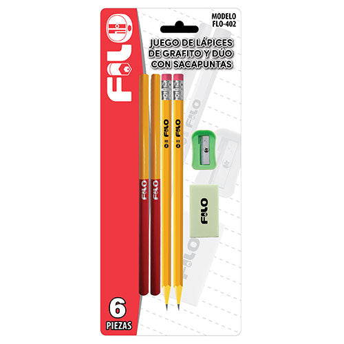 SET 2 LAPICES D/GRAFITO + 2 LAPICES DUO + SACAPUNTAS + GOMA MOD.FLO-402