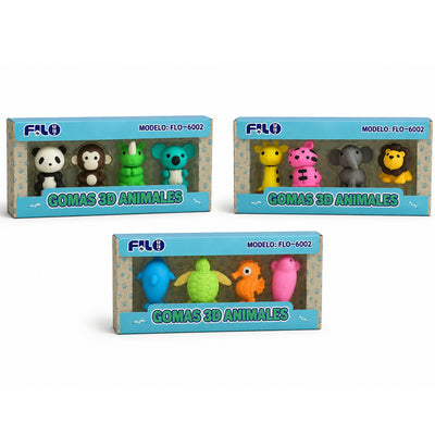 SET GOMAS ANIMALES 3D C/4 PZAS MOD. FLO-6002