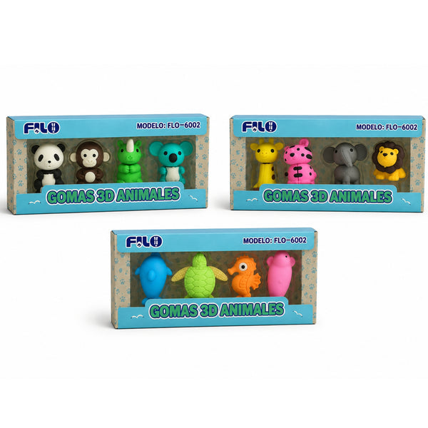 SET GOMAS ANIMALES 3D C/4 PZAS MOD. FLO-6002
