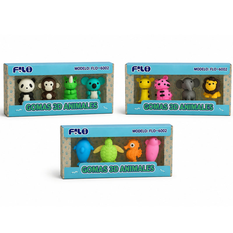 SET GOMAS ANIMALES 3D C/4 PZAS MOD. FLO-6002