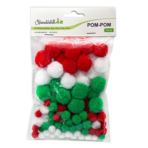 Pompón Tricolor Varios Tamaños Bolsa Con 100 Piezas