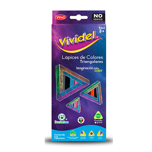 Lápices De Colores Vividel Triangulares Largos Caja Con 12 Piezas