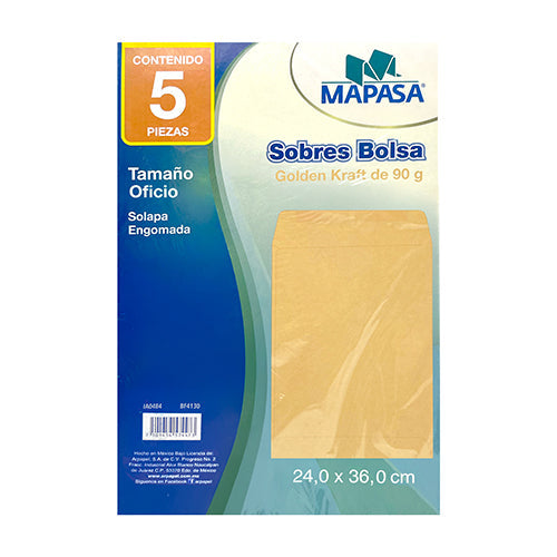 SOBRE BOLSA KRAFT NASSA ENGOMADO OFICIO PAQ C/5 PIEZAS 24X36 CM 90GR