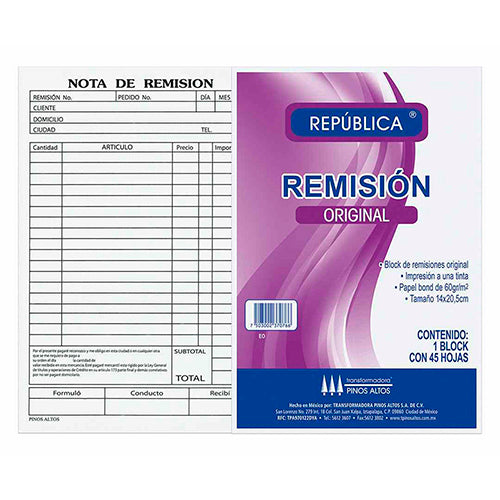 BLOCK REMISION REPUBLICA ESQUELA ORIGINAL  45H  EO