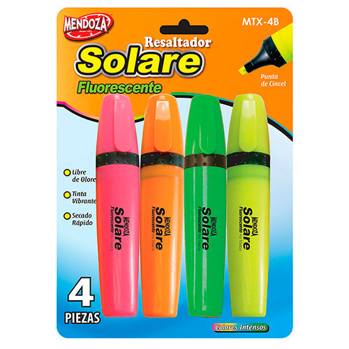 RESALTADOR DE TEXTOS FLUORESCENTE SOLARE COLORES  4PZS MOD.MTX-4B