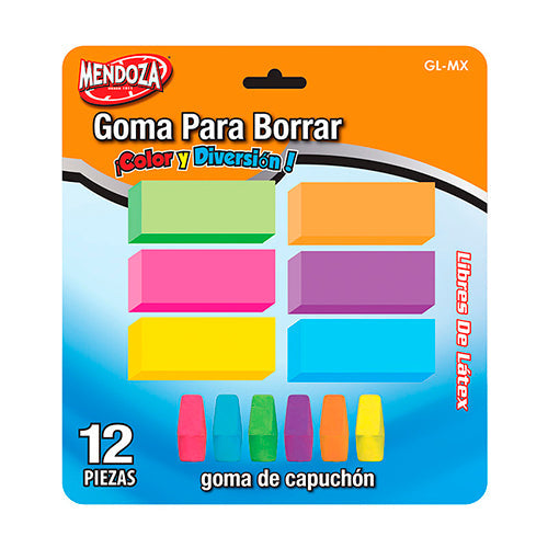 GOMA PARA BORRAR RECTANGULARES Y CAPUCHON COLORES C/12 PIEZAS MOD.GL-MX