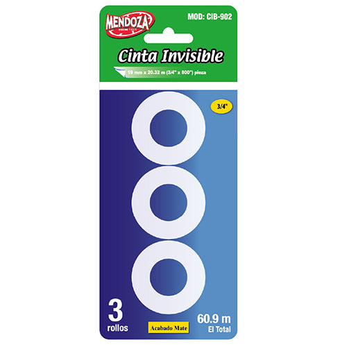 Refil De Cinta Invisible Mendoza 19 Mm X 20,32 M Pack De 3 Piezas