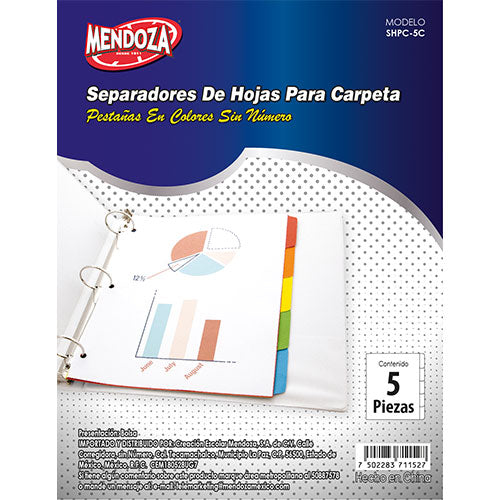Separador Para Carpeta Mendoza 5 Divisiones Colores Brillantes 1 Pieza