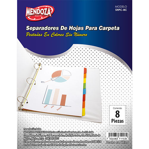 Separador Mendoza 8 Divisiones Con Pestaña De Color, 1 Pieza