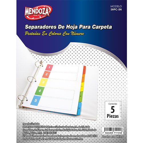 Separador Para Carpeta Mendoza 5 Divisiones Colores Numerados 1 Pieza
