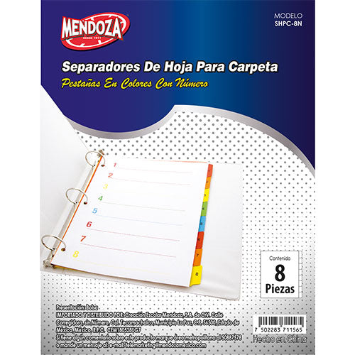 Separador Para Carpeta Mendoza 8 Divisiones Pestañas Colores 1 Pieza
