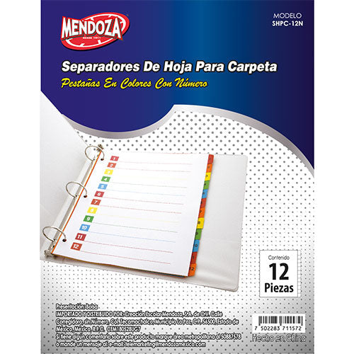 Separador Para Carpeta 12 Divisiones Colores Brillantes 1 Pieza