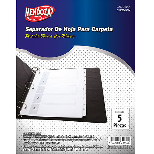 Separador Para Carpeta Mendoza 5 Divisiones Pestañas Blancas Numeradas 1 Pieza