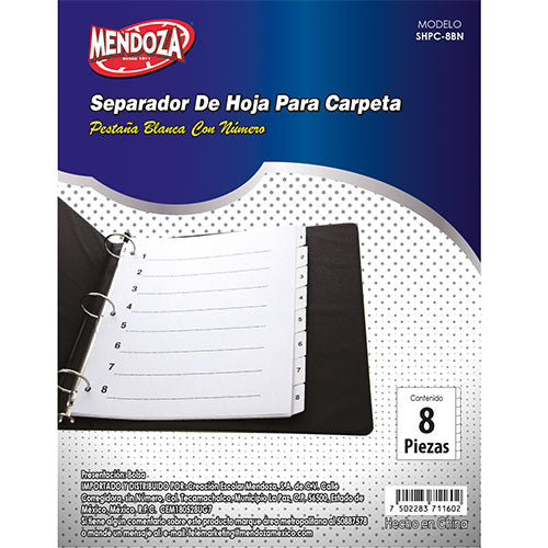 Separadores De Hoja Para Carpeta Mendoza 8 Pestañas Blancas Numeradas 1 Pieza