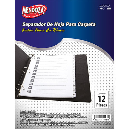 Separadores Para Carpeta Mendoza 12 Pestañas Blancas Numeradas 1 Pieza