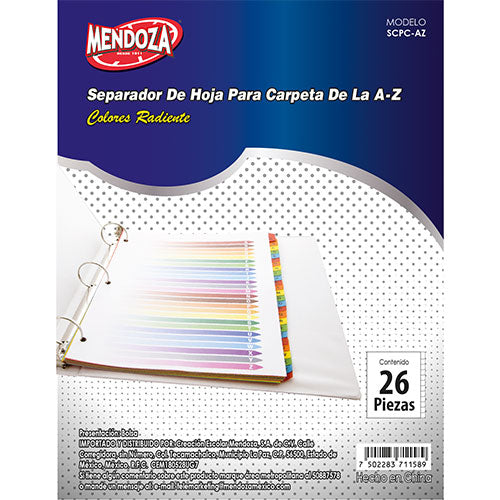 Separadores Para Carpeta Mendoza A-z Colores 26 Piezas