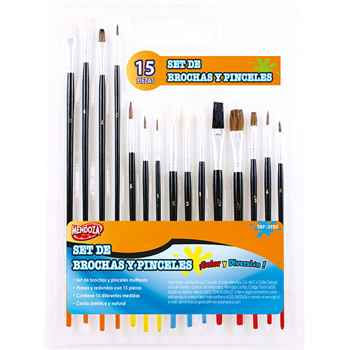 SET DE BROCHAS Y  PINCELES MENDOZA C/15 PIEZAS MOD. SBP-3985
