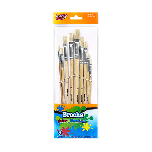 Conjunto De Brochas Planas Mendoza 9 Piezas Con Cerdas Naturales Y Mango De Madera
