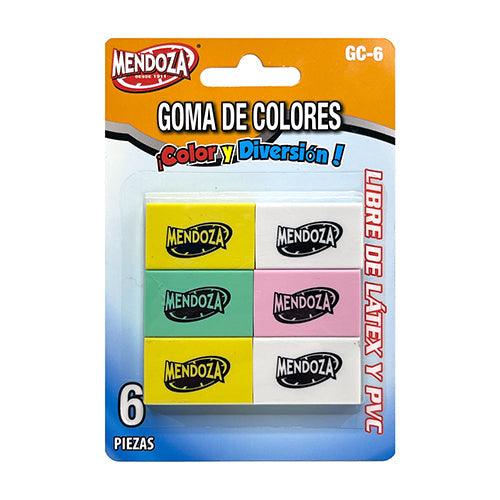 Goma De Borrar De Colores Mendoza Blister Con 6 Unidades