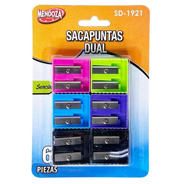 Sacapuntas Doble Orificio Plástico Resistente 6 Colores Blister 6 Piezas