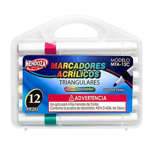 Marcadores Acrílicos Triangulares Mendoza 12 Colores En Estuche 1 Pieza