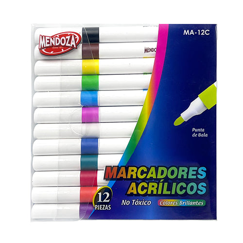 Marcadores Acrílicos Mendoza Punta Bala Acabado Mate Estuche 12 Colores