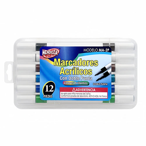 Marcadores Acrílicos Mendoza Doble Punta Estuche 12 Colores