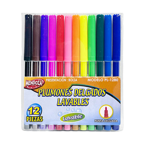 Marcador Lavable Mendoza Punta Fina Estuche Con 12 Piezas